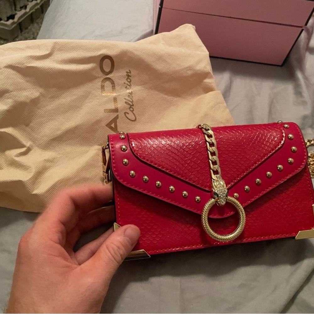 Aldo Bold Red Clutch with Gold Chain